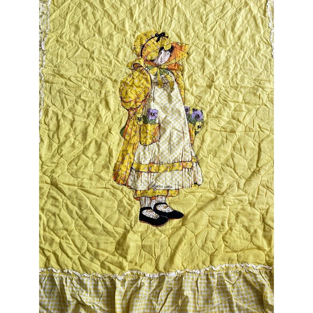 Vtg 70s Holly Hobby Thin Bedspread Cottagecore Prairie Yellow‎ Plaid Ruffle Twin